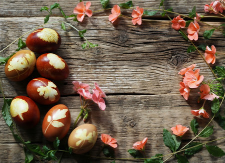 Easter background. Eggs are laid out in a circle with sprigs of plants and geranium flowers on a wooden vintage background.Place for your text.の写真素材