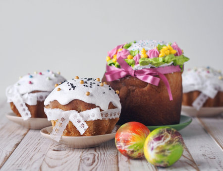 Home cooking.Kulichi is a traditional festive pastry for the Easter holiday, decorated with ribbons,...