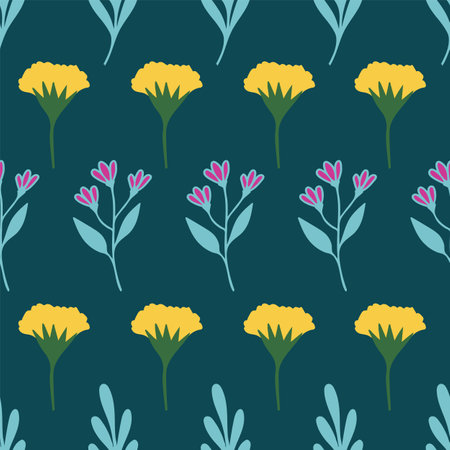 Dark green yellow flowers seamless pattern background printのイラスト素材
