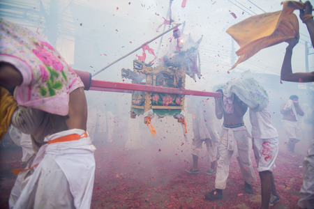 PHUKET, THAILAND  October 1:Taoist devotees participate in a street procession of the Nine Emperor Gods Festival, known locally as the Phuket Vegetarian Festival on the 1 October, 2014. in Phuket Town, Phuket, Thailand.のeditorial素材