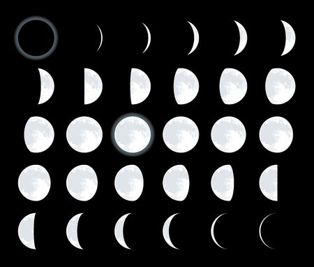 28 different lunar phases. Complete moon satellite cycle.のイラスト素材