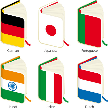 Vector illustration. Set of six books with flag for translation purposes.のイラスト素材