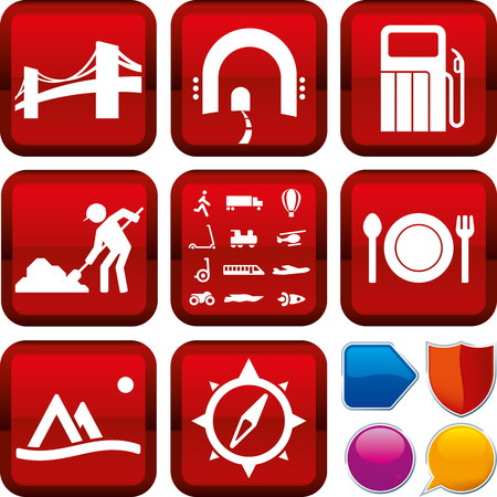 Vector illustration. Set of on the road icons on square buttons. Geometric style.のイラスト素材