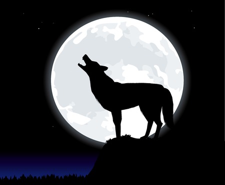 Wolf silhouette in the night howling to a giant moon.のイラスト素材