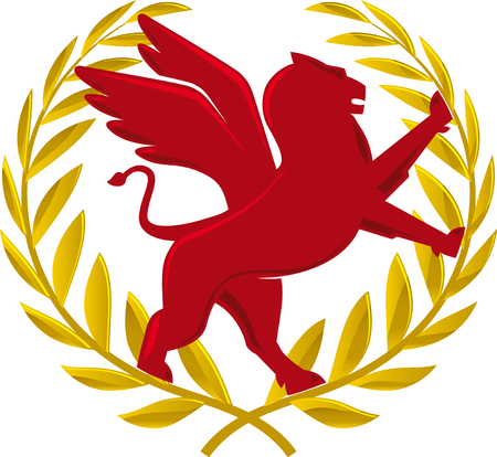 Vector illustration. Heraldic wreath. Rampant griffin over golden laurel wreath.のイラスト素材