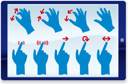 Hand icons with arrows into a tablet. Gesture symbols.のイラスト素材