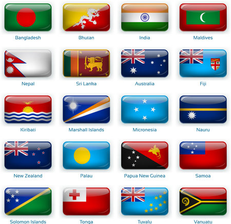Set of twenty flags in button style. South Asia and Oceania.のイラスト素材
