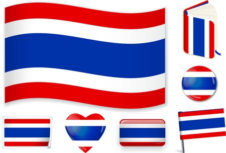 Thai. Thailand flag wave, book, circle, pin, button, heart and sticker.のイラスト素材
