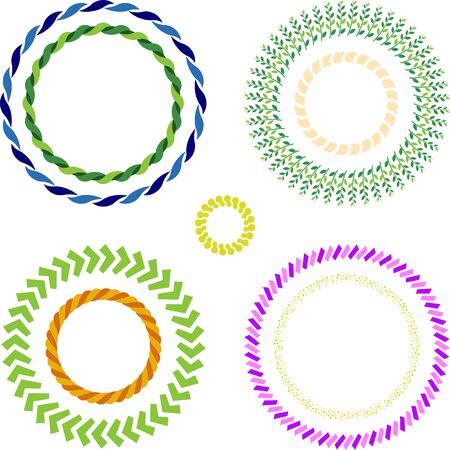Set of nine circular frames in geometric forms and flat colors.のイラスト素材