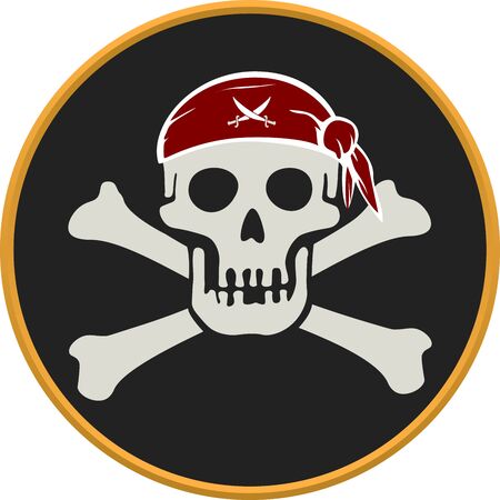Pirate circular emblem with text, skull and bones.のイラスト素材