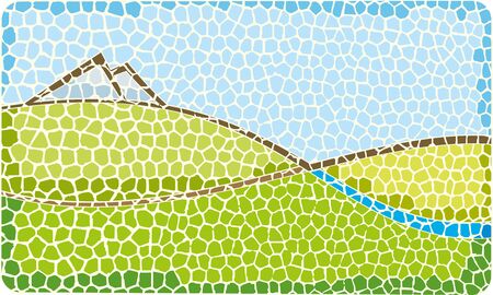 Vector illustration. Cracked icon of a green valley with river and mountains.のイラスト素材