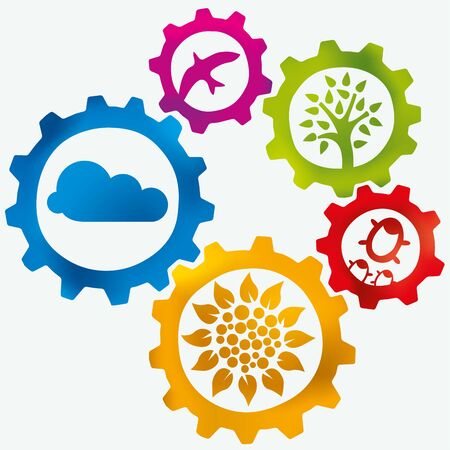 Vector illustration Nature gears with natural elements within. Soft colors.のイラスト素材