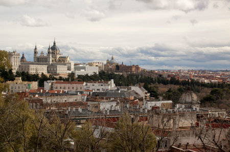Panoramic view of the Almudena Cathedral, Royal Palace in Madrid. Spainの写真素材