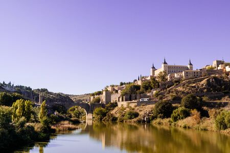 Toledo city, Panoramic of historic buildings with blue sky. Castilla la Mancha. Spainのeditorial素材