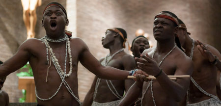 Traditional African dance. Percussion and dance from Uganda. Young and dancing childrenのeditorial素材