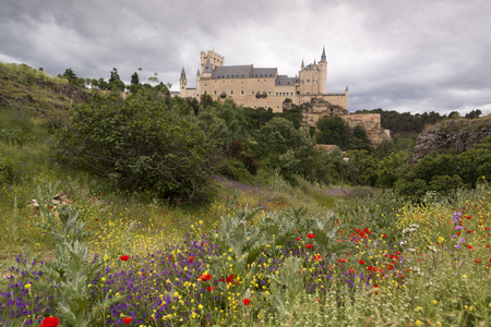 Alcazar of Segovia next to the Templar church of Vera Cruz. Spring scene Castilla y Leon, Spain. Europeの写真素材