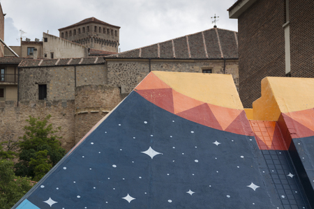 Urban art in the center of the city. Conceptual art. Lifestyle Creative graffiti in the neighborhood of Segovia. Spainの写真素材