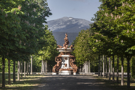 Palace of La Granja de San Ildefonso, Segovia. Spain. Gardens and fountains with light at dawnのeditorial素材
