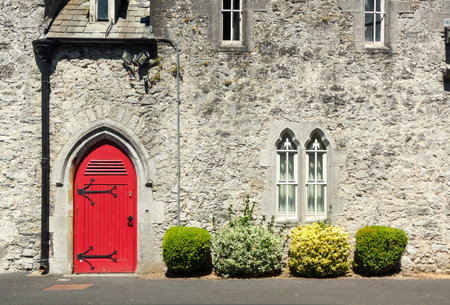 The Abbey of Adare. Detail door, windows and vegetation. In the county of Limerick, Ireland