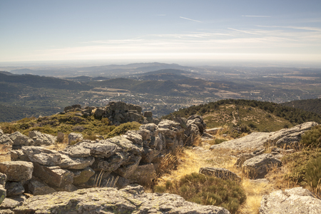 The walk from Cercedilla to the peak of Aguila, Madrid, Spain. Panoramic Sierra de Guadarrama National Park. Sunrise viewsの写真素材