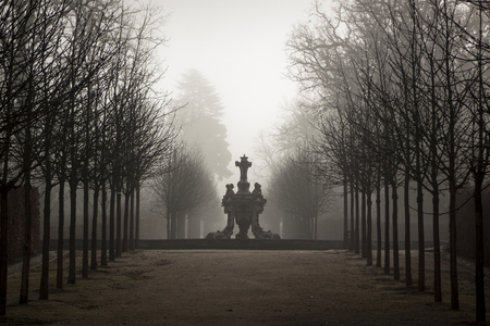 Palace of the Farm of San Ildefonso, Segovia. Spain. Gardens and palace, sunrise with fogのeditorial素材