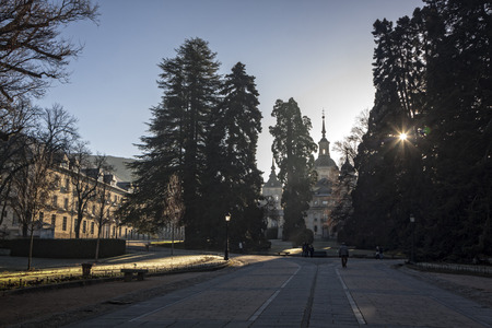 Palace of the Farm of San Ildefonso, Segovia. Spain. Gardens and palace, sunrise with fogのeditorial素材