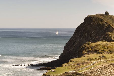 Geological rock formations and cliffs on the Flysch route. Cantabrian Sea. In Vizcaya, Basque Country. Spainの写真素材