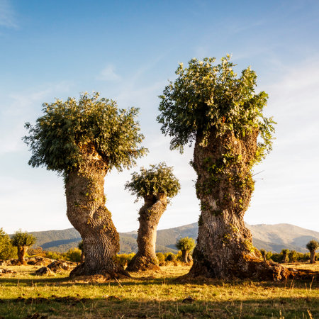 Isolated and pruned trees in the Soto de Revenga. Sierra de Guadarrama national park, in Segovia and...