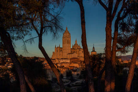 Night image Cathedral and Alcazar of Segovia and monuments, Castilla y Leon, Spain.のeditorial素材