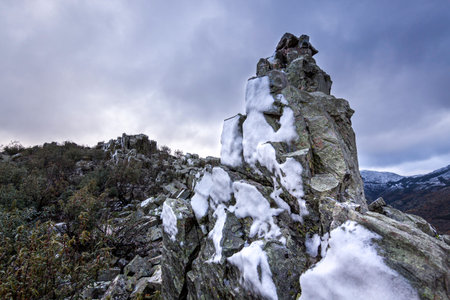 Autumn landscape of snow and forest in the Sierra del RincÃ³n. Sierra norte in the community of Madrid, Spain.の写真素材