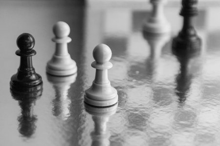 Photograph of black and white chess pieces. Strategy game. Pawns with reflections on original...