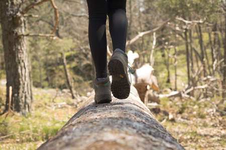 person walking through the forest in nature. Healthy life style. Boots in the foregroundの写真素材