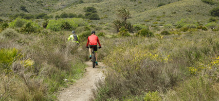 Cyclists practicing sports in the Calblanque Natural Park in Cartagena, Murcia.