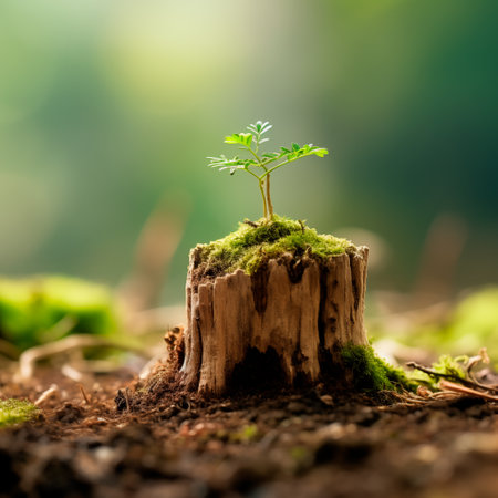 Young tree emerging from old tree stump with blur background. Positive image against climate change. Scene of how nature resurfacesの素材