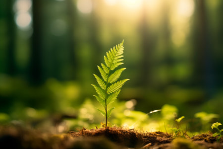 Close-up of a young fern plant bathed in morning light. Background of a defocused pine forest. Environmental conservationの素材