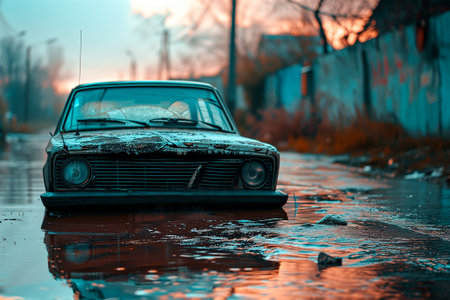 Image of a car flooded in the streets of a city by water in a catastrophe. Overflowing river, climate change conceptの素材