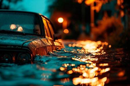 Image of a car flooded in the streets of a city by water in a catastrophe. Overflowing river, climate change conceptの素材