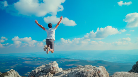 Happy anonymous man with arms raised jumping over the top of the mountain. Lifestyle concept climbing mountains and enjoying natureの素材