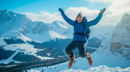 Happy anonymous man with arms raised jumping over the top of the mountain. Lifestyle concept climbing mountains and enjoying natureの素材