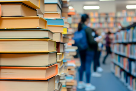Library with stacked books in the foreground and background with people out of focus. World book day, education day, international education day.の素材