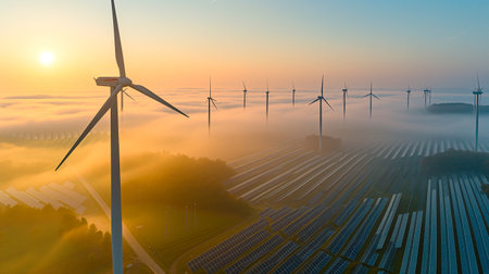 Fields of renewable and alternative energies, solar energy and wind turbines. International environment day conceptの素材