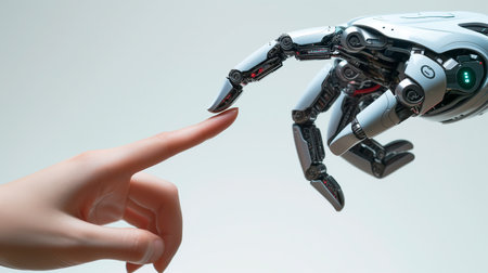 AI artificial intelligence. Robotic hands and human hand gently touching each other with the index finger. Innovation and futuristic conceptの素材