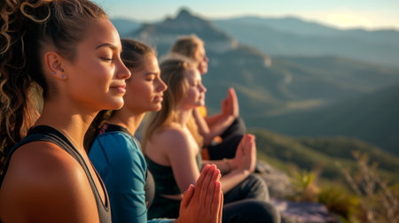 Young diverse group of female friends doing morning yoga on a mountain top. Concept well-being, mental healthの素材