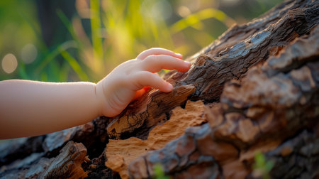 A child's hand touching the texture of a cut tree trunk in nature. Healthy life style. Child exploring nature. Children love nature. sustainability conceptの素材