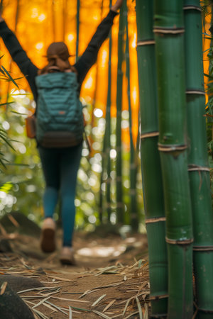 Tourist hiker walking in a natural bamboo forest. International Environment Day. Concept of sustainability and ecologicalの素材