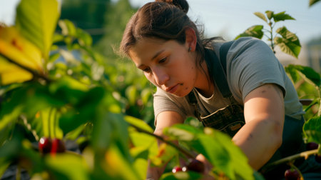 Young woman working on cherry picking on a sustainable farm international environment dayの素材