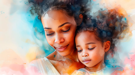 Watercolor illustration of African American mother and little daughter isolated on a pastel background. Mother's Day concept. Family love and bonding time.の素材