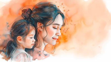 Illustration of an Asian mother with her little son, white background with copy space. Concept of mother's day, mother's love, relationships between mother and childの素材