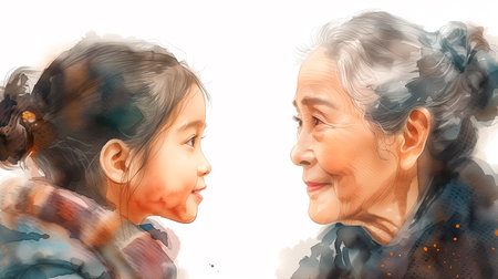Illustration of a grandmother and mother with her little son, white background with copy space. Concept of mother's day, mother's love, relationships between mother and childの素材