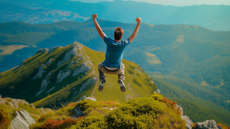 Happy anonymous man with arms raised jumping over the top of the mountain. Lifestyle concept climbing mountains and enjoying natureの素材